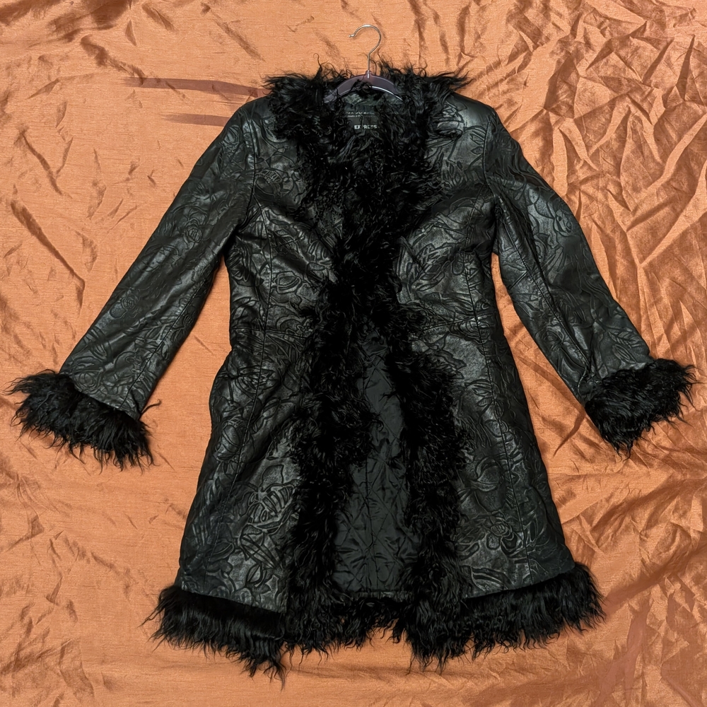 Vintage Express Penny Lane Style Real Leather Real Fur Trim Coat Sz Small